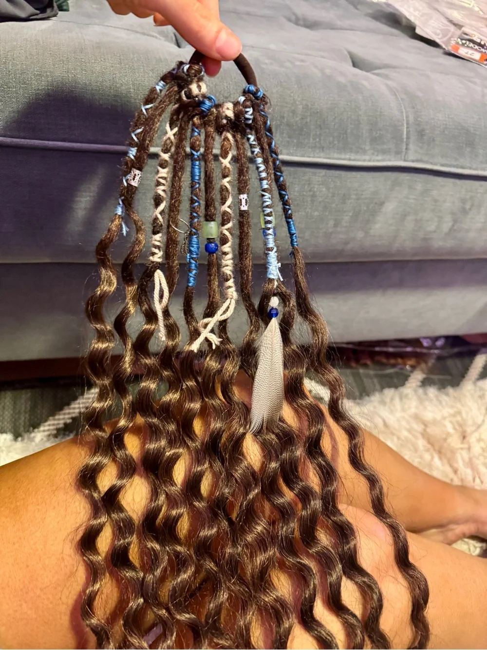 Boho Curly Brown Hair Extensions with Blue Bead Accents